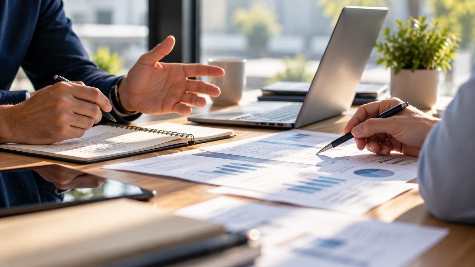 Échange autour de documents de travail, mains et prises de notes sans visages visibles